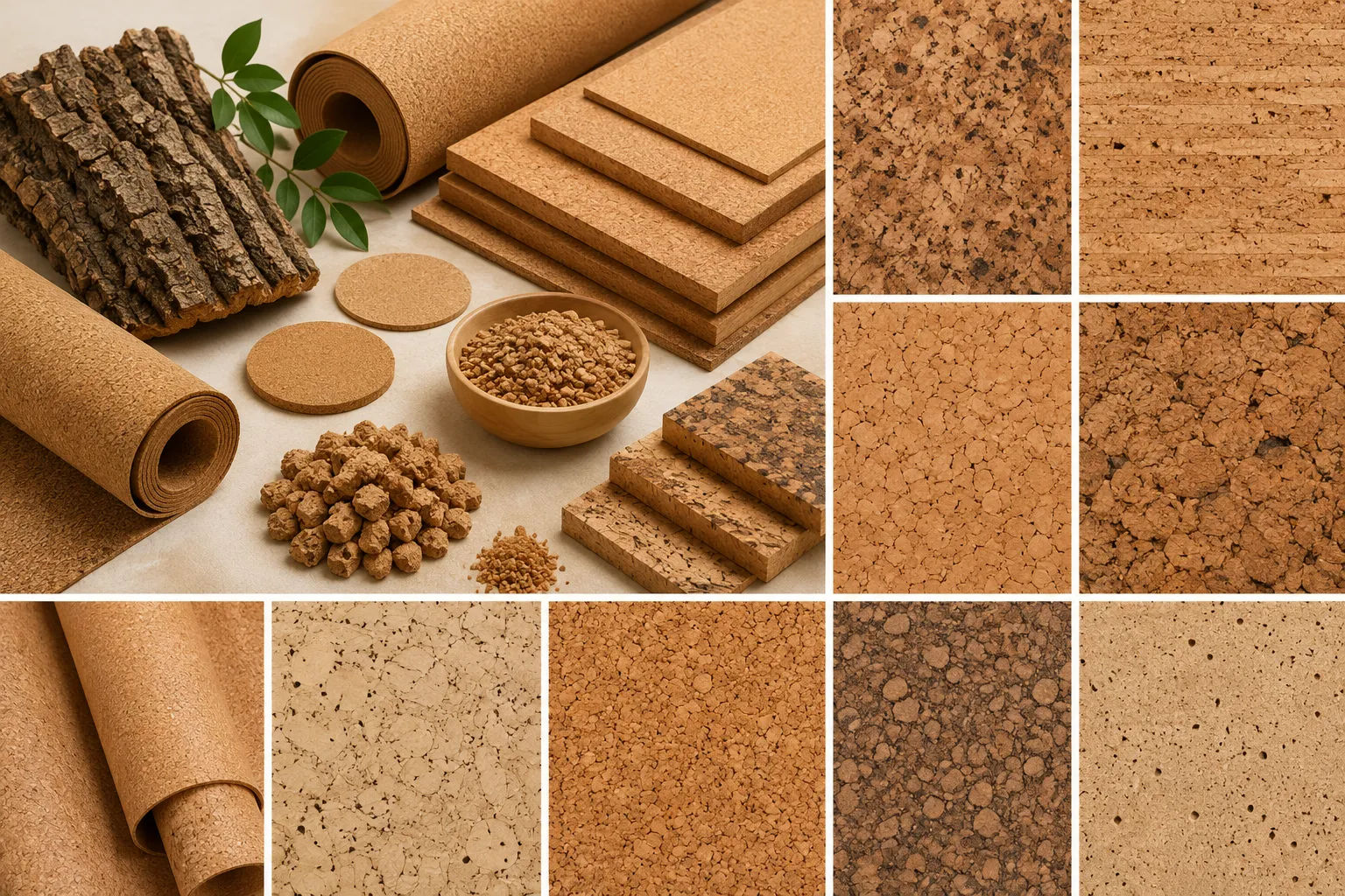 Korkboden-Materialien von Natur-Point Chemnitz – Korkrollen, Korkrinde, Granulat und verschiedene Korktexturen